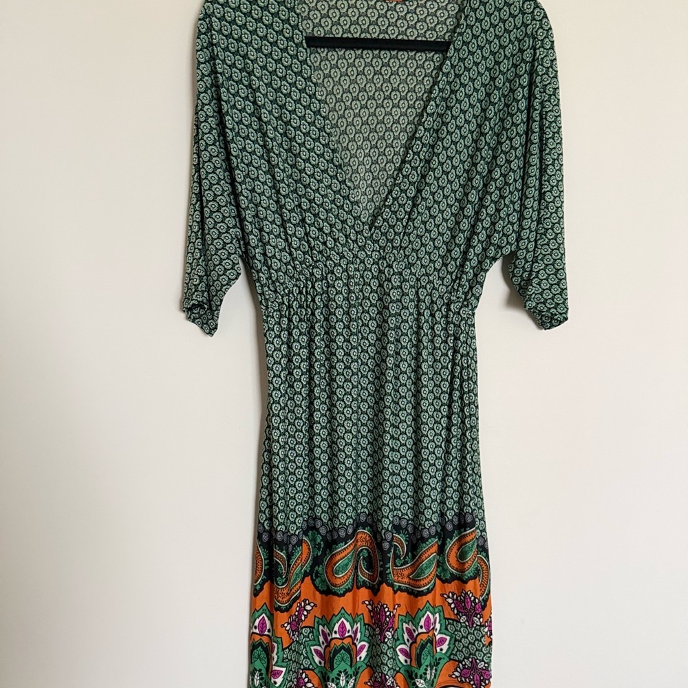 Boho Paisley Border Print Dress Faux Wrap Green Orange Size Medium